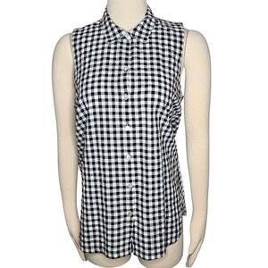 J. Jill Petite M Black White Gingham Sleeveless Button Up Collared Shirt‎ Top